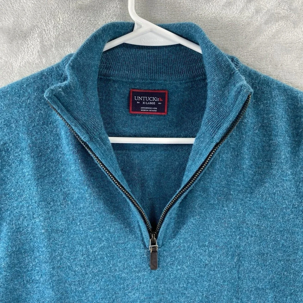 UNTUCKit Sweater Mens XL 100% Merino Wool 1/4 Zip Pullover Blue Mock Neck Casual